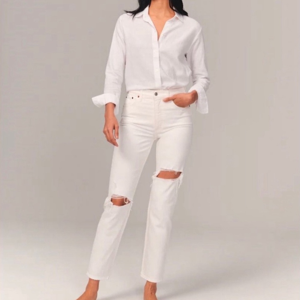 abercrombie & fitch the mom high rise white ripped jeans 24 short 00